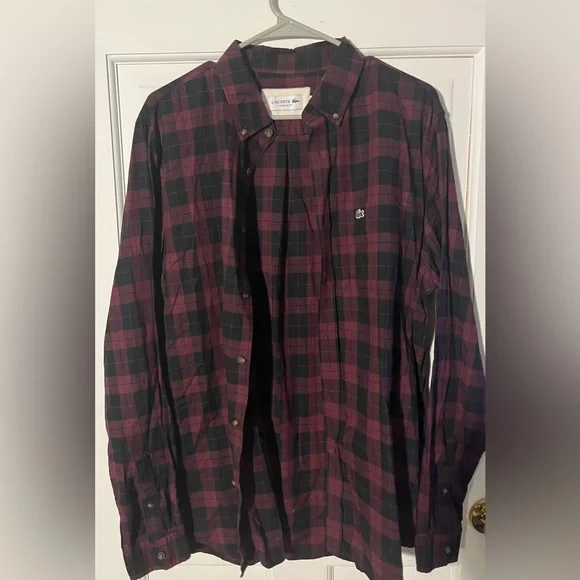 Lacoste Men's Maroon and Black Plaid Button Shirt Size Large - Picture 9 of 12